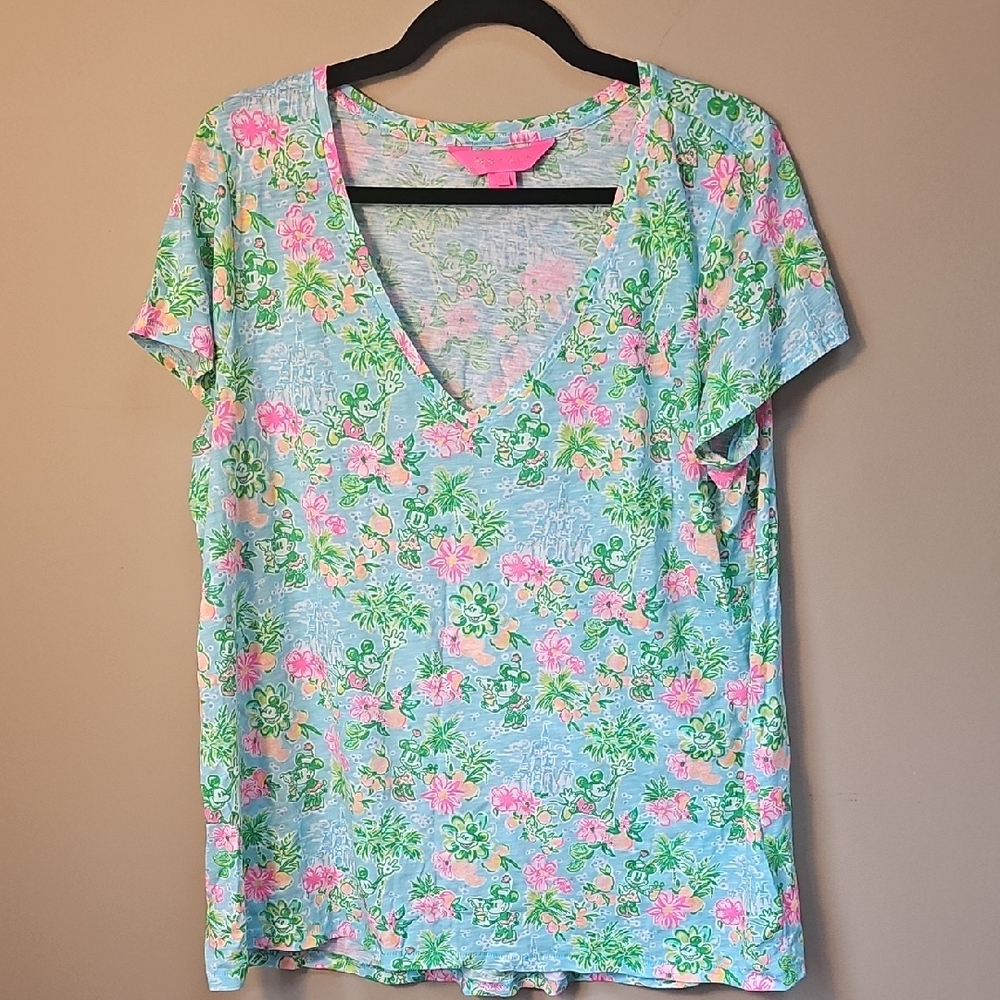 Lilly Pulitzer Disney Mickey Minnie Blue and Pink Floral V-Neck Top